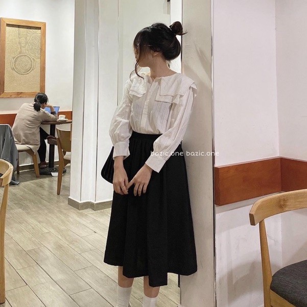 Áo sơ mi nữ trắng 2 bèo cổ phối ren tay dài babydoll, Áo sơ mi nữ trắng hai bèo cổ tròn dài tay babydoll ảnh thật