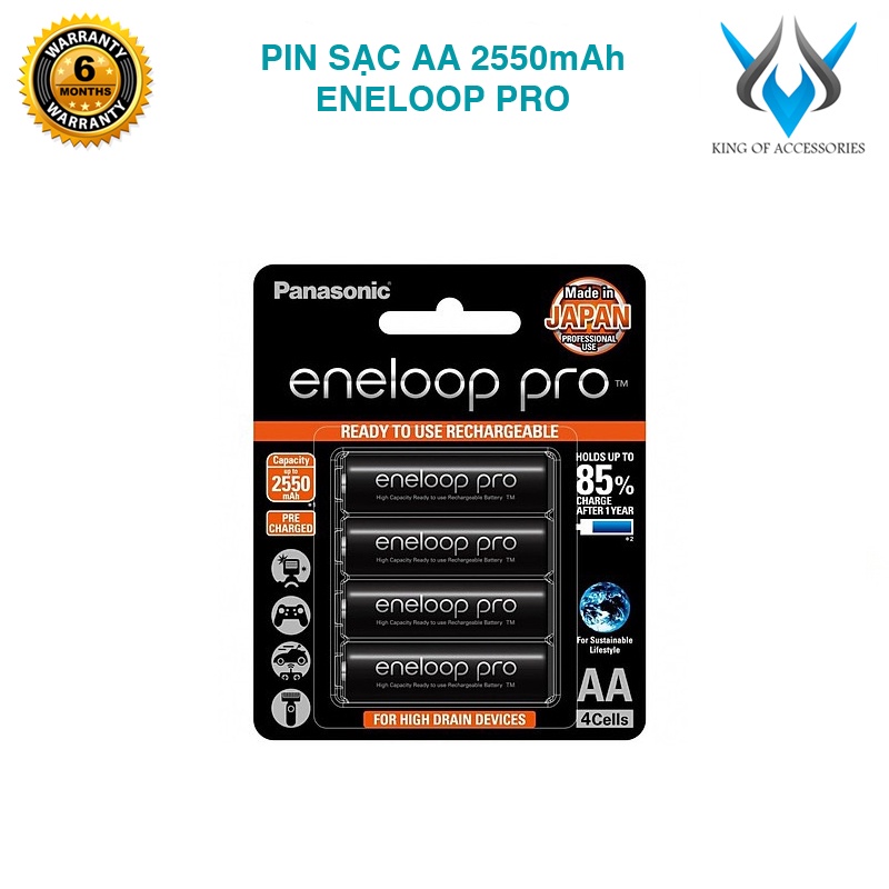 Vỉ 4 pin sạc AA Eneloop Pro 2550mAh BK-3HCCE/4BT box Anh new - made in Japan (Đen) Phụ kiện 1986