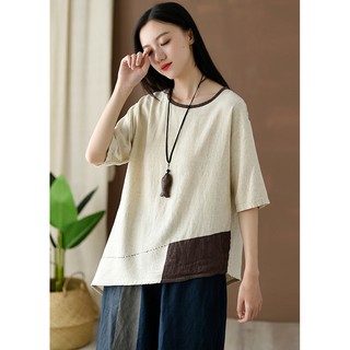 Áo linen chắp vá lệch tà