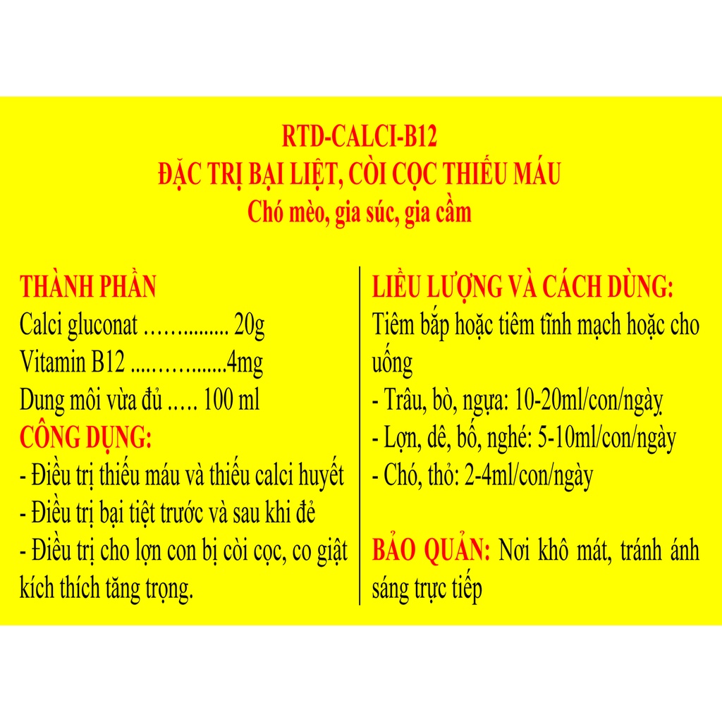 1 lọ RTD-CALCI-B12 100ml Dùng cho trâi, bò, lợn, gia cầm, chó, mèo