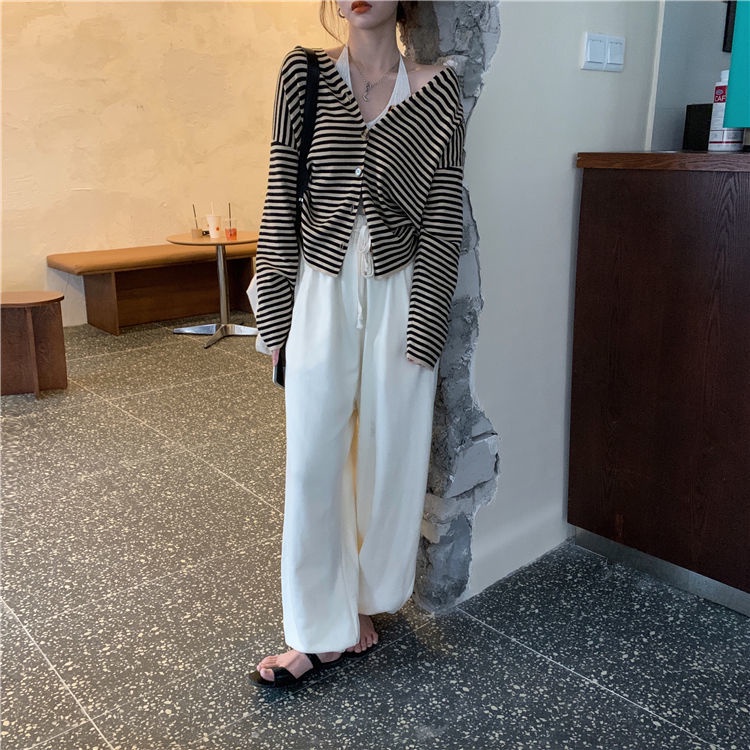 Áo khoác cardigan dệt kim cổ chữ V họa tiết kẻ sọc thời trang xuân thu mới 2021 dành cho nữ