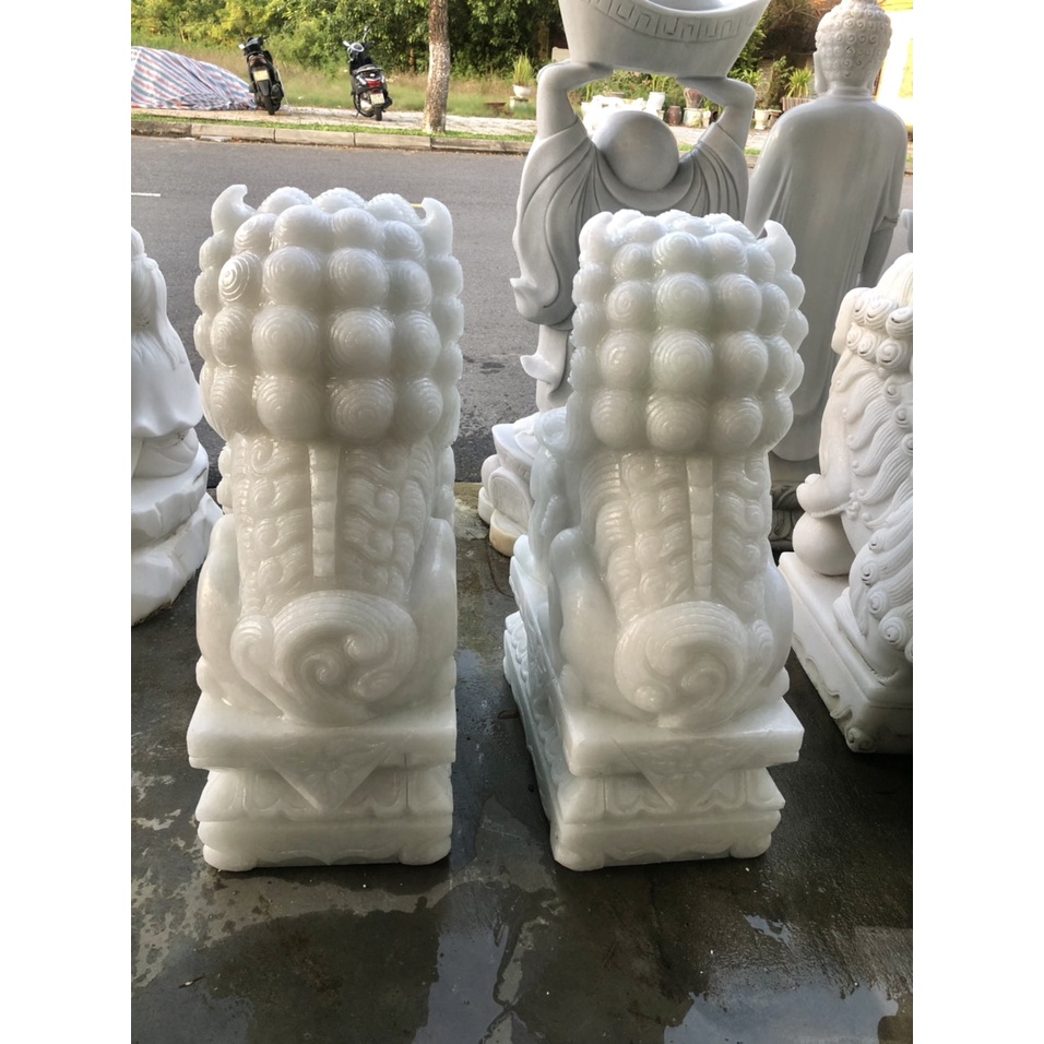 Cặp tượng Kỳ Lân phong thủy gác cổng đá trắng - Cao 70 cm