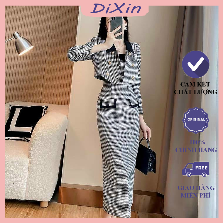 (Freeship + mã giảm giá) Đầm midi body ôm mẫu 2s đính cúc mix túi giả kèm áo khoác tay dài mẫu màu trắng sọc caro đen