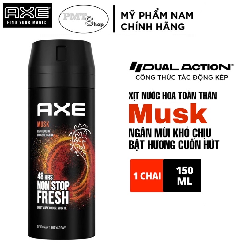 Combo 2 Xịt khử mùi toàn thân nam AXE Musk 150ml x 2 chai hương nước hoa