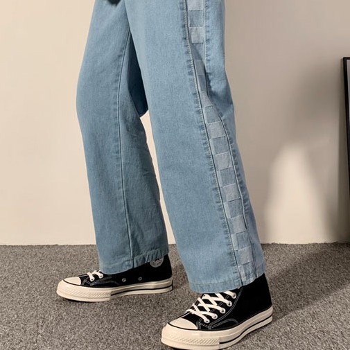 Quần ống rộng nam quần jean trơn unisex kẻ sọc caro phong cách nam hànquốc thời trang năng động jean co giãn