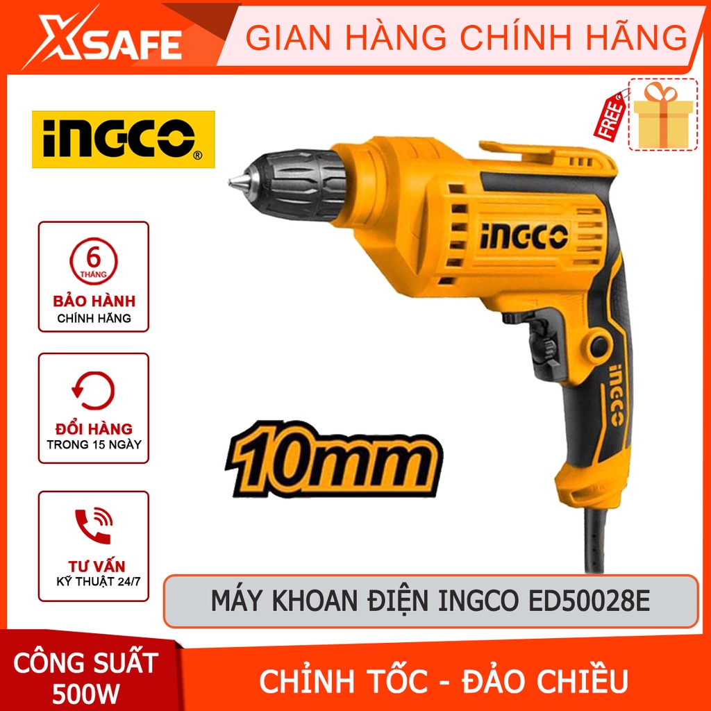 Máy khoan cầm tay INGCO ED50028E công suất 500w, tốc độ 3250rpm, khả năng khoan 1.0-10mm, có chỉnh tốc, đảo chiều