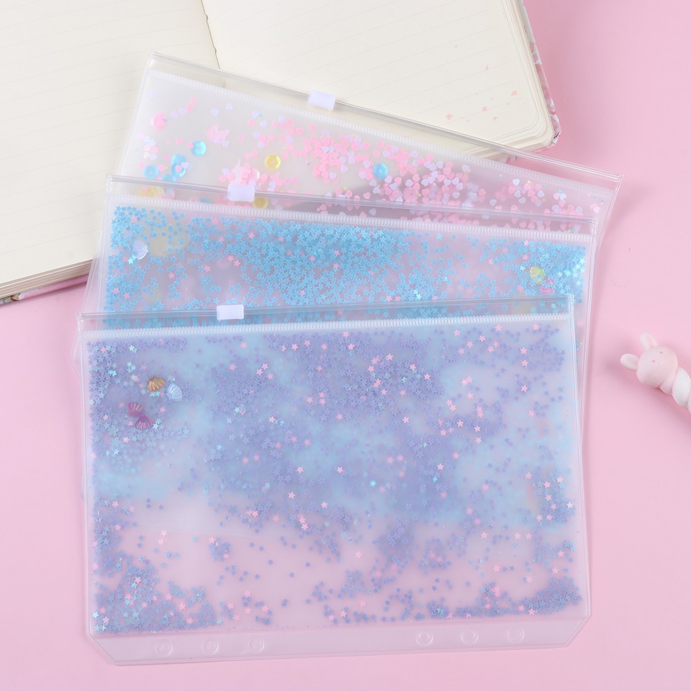 ❤LANSEL❤ Glitter Notebook Binder Cover School Supplies Loose Leaf Bags Binder Pockets Document Filing Waterproof Filing Products School Office Flakes Stars A5 A6 Zipper Folders/Multicolor