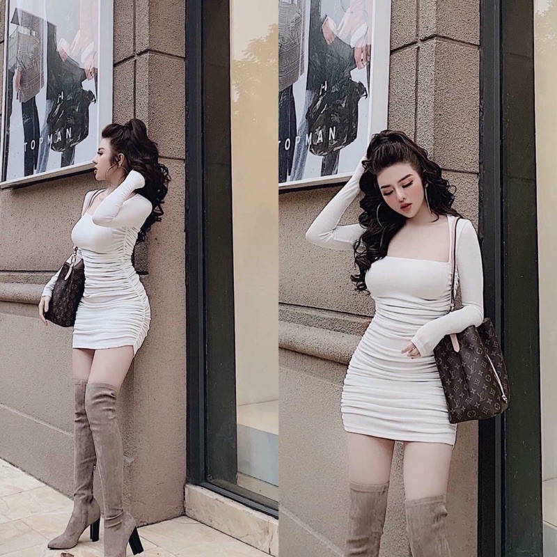 Đầm body cổ vuông tay dài nhún eo thun porip | BigBuy360 - bigbuy360.vn