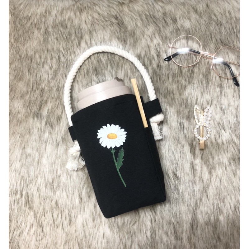 TÚI VẢI CANVAS MÀU ĐEN ĐỰNG BÌNH NƯỚC, LY NƯỚC IN HÌNH BOTTLE BAG, CUP BAG