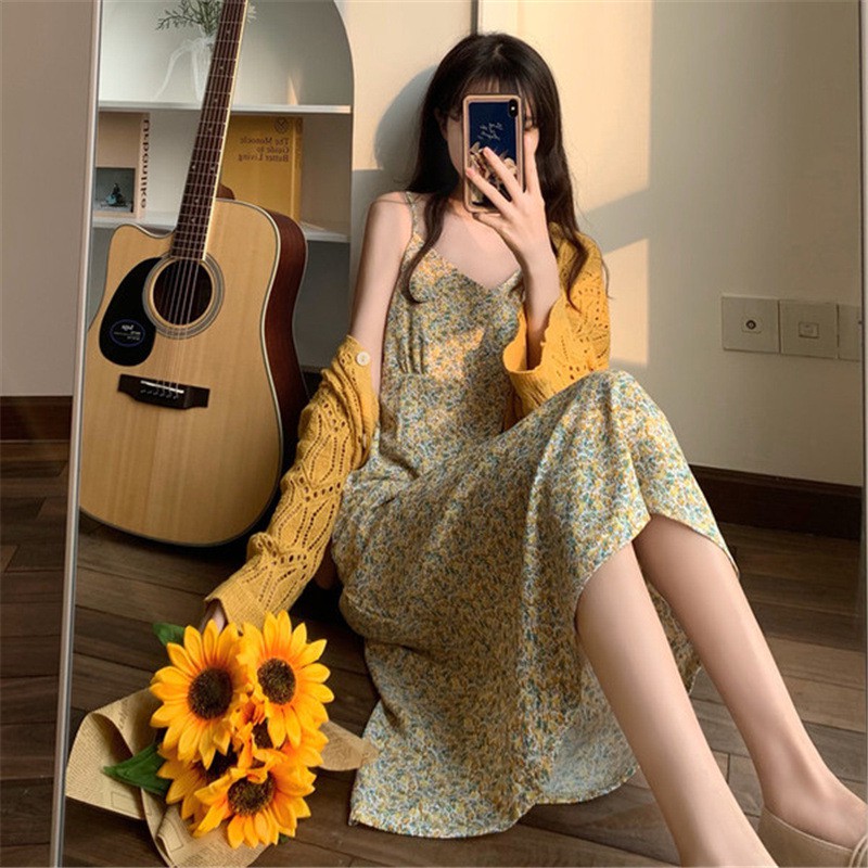 Váy Hoa Vàng 2S ⚡️ẢNH THẬT⚡️ Váy Đầm Hai Dây Họa Tiết Hoa, Chất Cotton Cực Mát