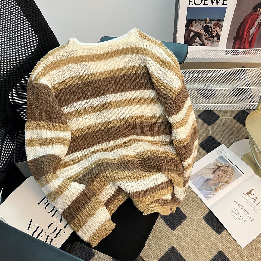 Áo Khoác cardigan Cổ Chữ v Họa Tiết Kẻ Sọc Màu Sắc Tương Phản Phong Cách Hàn Quốc