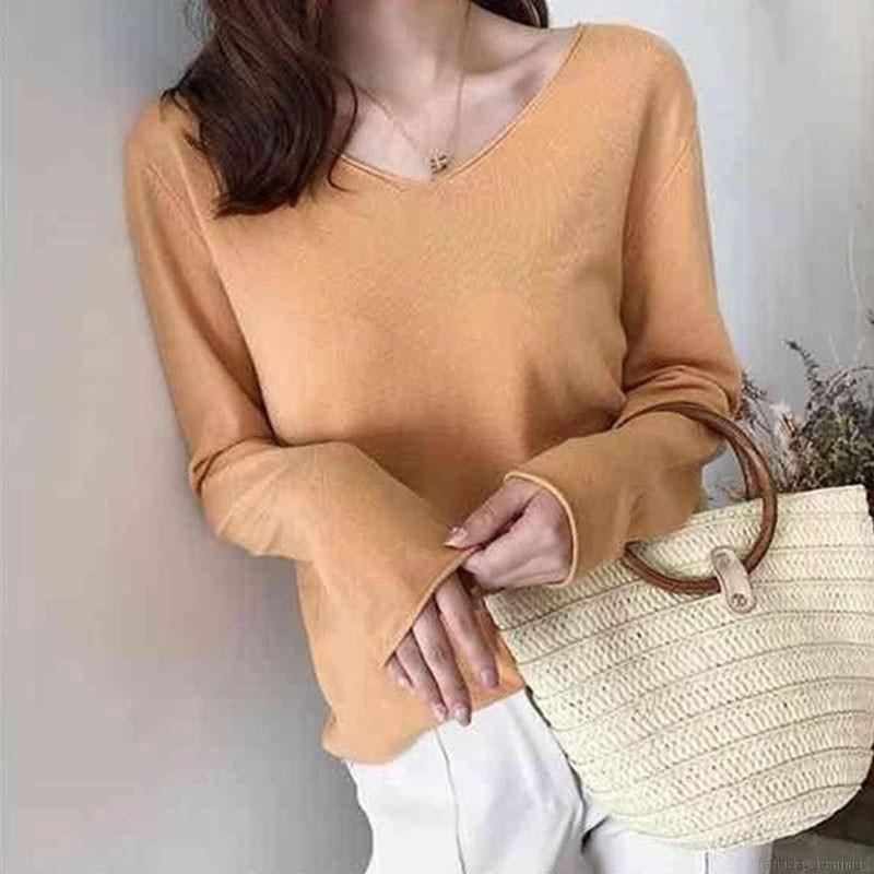 Áo Thun Tay Dài Dáng Rộng Màu Trơn Cổ Chữ V Thời Trang Cho Nữ