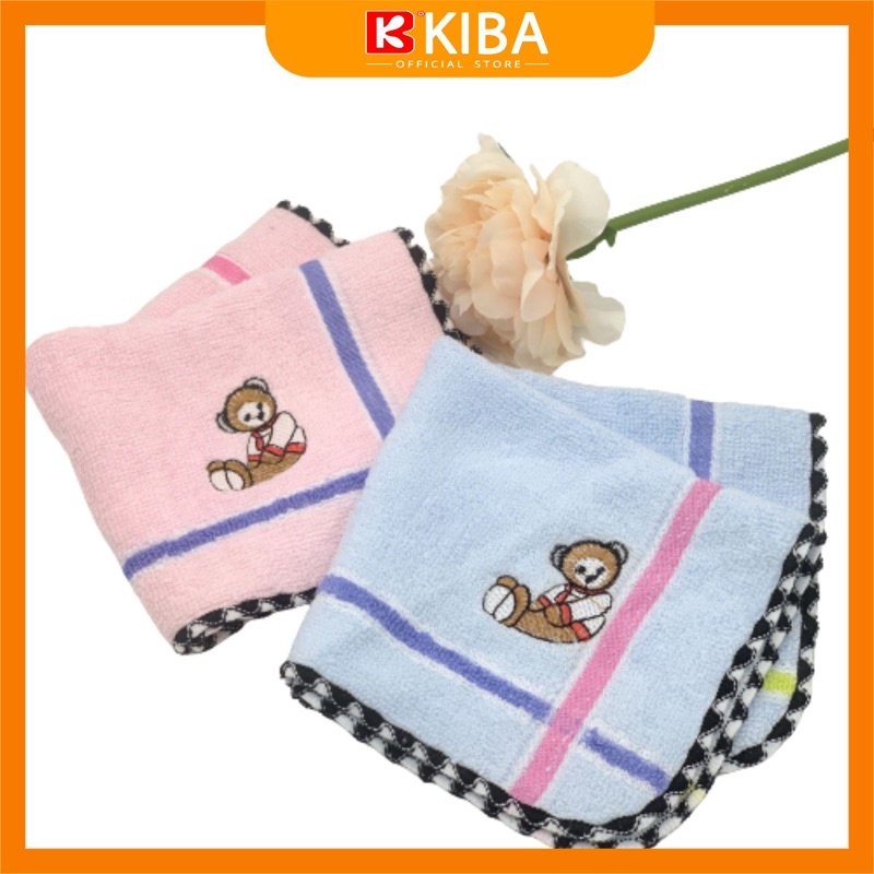 Khăn Mặt Cho Bé KIBA Thêu Hình Gấu Ngộ Ngĩnh, Chất Cotton Êm, Mềm, Thấm Hút, An Toàn Cho Da