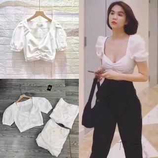 Áo croptop kiểu cổ vuông tay phồng màu trắng