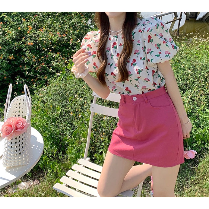 Bộ Áo Tay Ngắn Phồng + Chân váy jean Lưng Cao In Hoa Thời Trang Mùa Hè Hàn Quốc 2022 Dành Cho Nữ