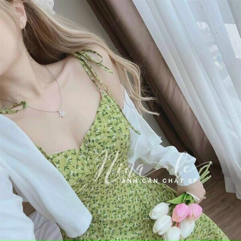 Đầm thời trang nữ mặc đi chơi biển chất lụa hoa có mút ngực 2 dây kèm khoác gân tay dài