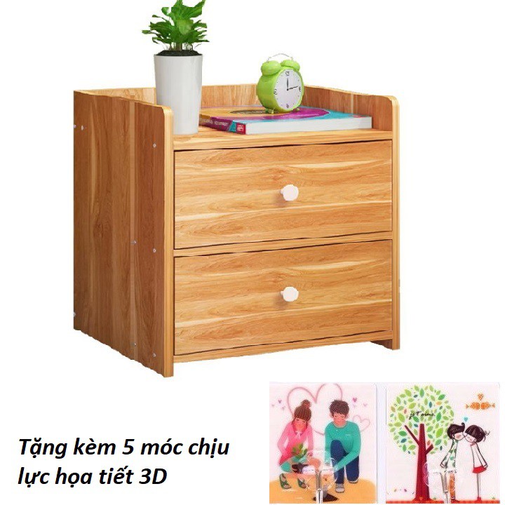 Tủ gỗ 2 ngăn kéo để đầu giường+ tặng kèm 5 móc chịu lực họa tiết 3D