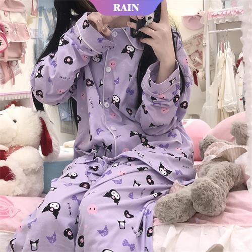 Bộ Đồ Ngủ Hai Mảnh Tay Dài Dáng Rộng In Họa Tiết Sanrio Kuromi Dễ Thương Có Thể Đáng Yêu Dành Cho Bạn Nữ [RAIN]