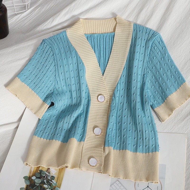 Áo Dệt Kim Tay Ngắn Cổ Chữ V Dễ Phối Đồ Hợp Thời Trang COZOK