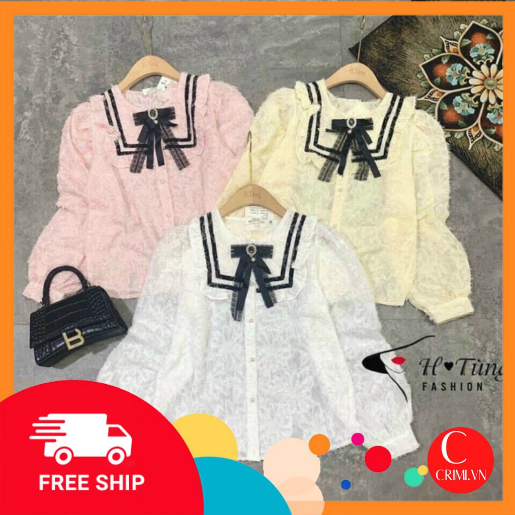 Áo sơ mi tiêu thư cổ nơ dài tay