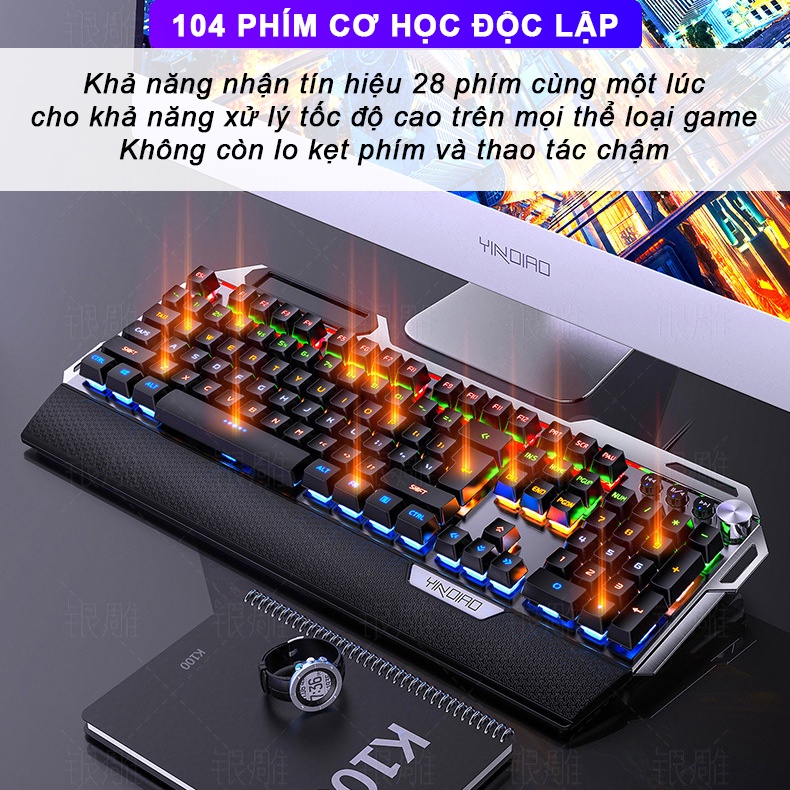 Bàn phím cơ YINDIAO K100 phiên bản gaming 104 phím full size cấu trúc blue swtich có LED kê tay chống mỏi - Chính hãng