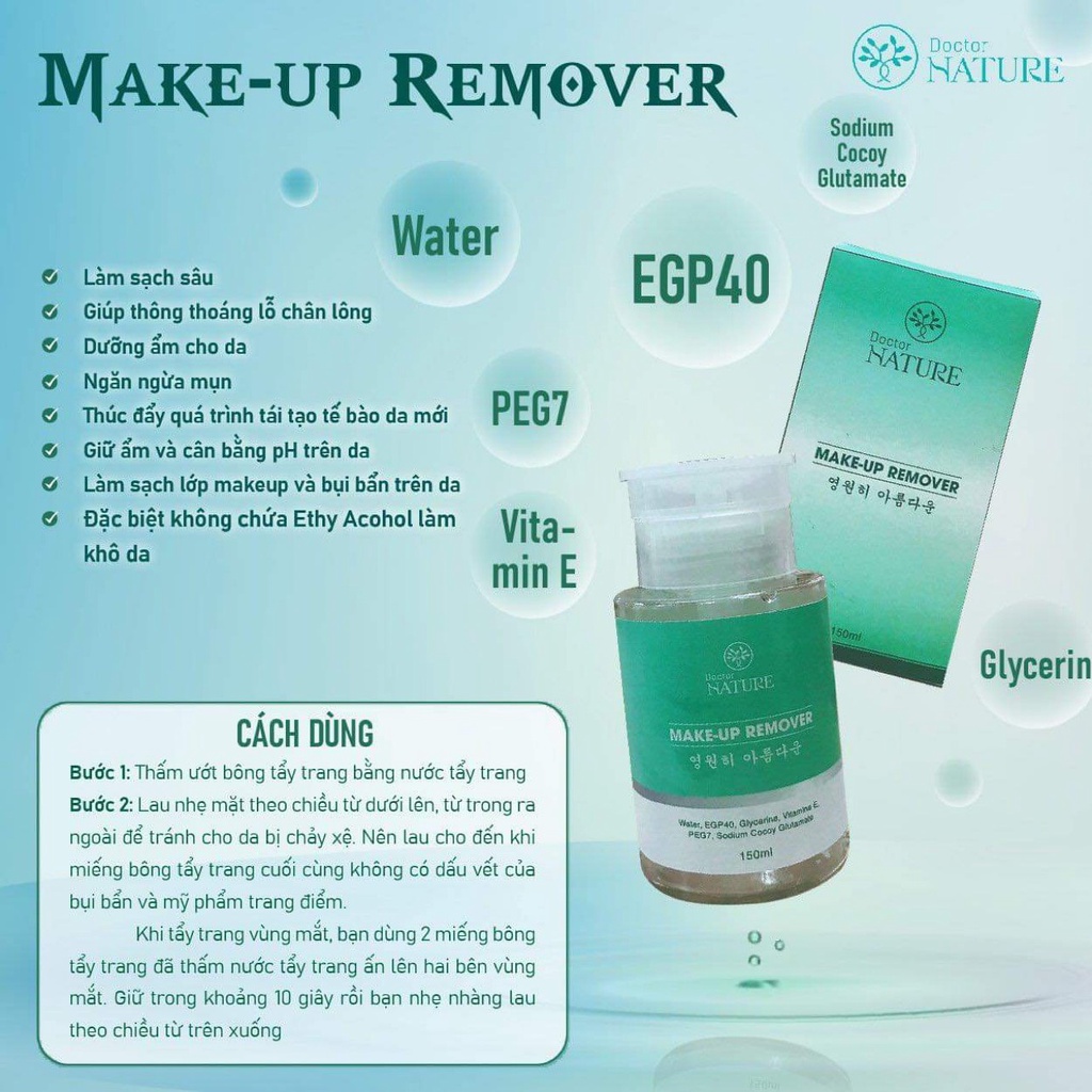 NƯỚC TẨY TRANG DOCTOR NATURE ( làm sạch sâu bụi bẩn,.lớp makeup,100% ko chứa cồn,ko  khô da,sp an toàn vs làn da nhạycam