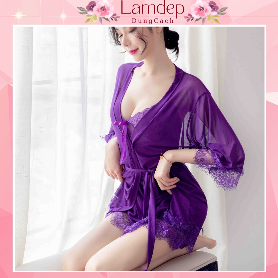 Váy ngủ sexy - Đầm ngủ sexy ren voan mỏng có kèm áo choàng thắt dây màu đỏ, hồng, trắng LAMDEPDUNGCACH-CT1083