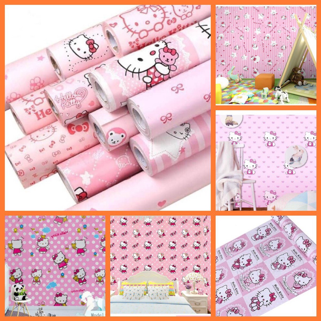 Giấy dán tường ⚡ 𝐅𝐑𝐄𝐄𝐒𝐇𝐈𝐏⚡ Giấy decal dán tường hello kitty 45cm*10m trang trí phòng ngủ dễ thương có sẵn keo bóc dán