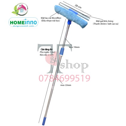 Bộ Cây Lau Kính + Gạt Nước Kiếng + Quét Mạng Nhện + Móc Lấy Đồ Trên Cao Homeinno Cán Dài 1m4, 2m, 3m