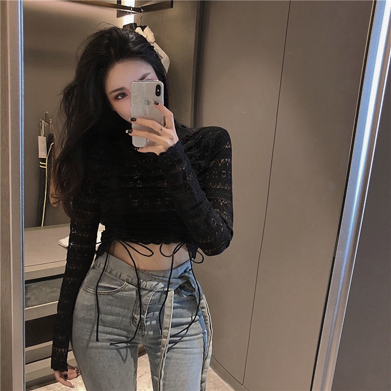 Áo sơ mi dài tay cổ cao phối ren thiết kế mới thời trang dành cho nữ