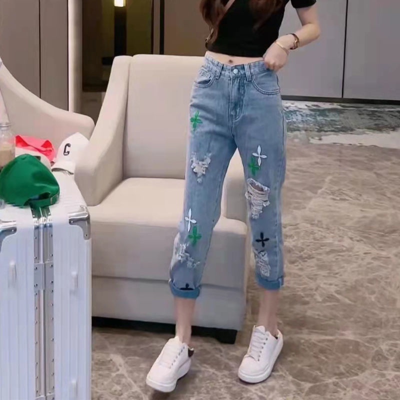 Net red cross pattern ripped jeans women's new summer large size small tall waist thin straight tube daddy pants