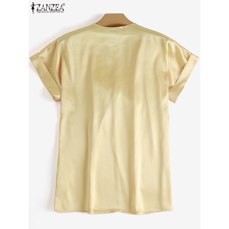 ZANZEA Áo Sơ Mi Vải Satin Tay Ngắn Cổ Chữ V Thời Trang Cho Nữ