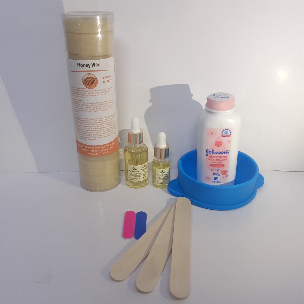 set wax sáp khoanh:500g sáp khoanh + chén silicon + mỡ trăn +  phấn rôm 100g Johnson baby (tặng que sáp + đồ dũa móng)