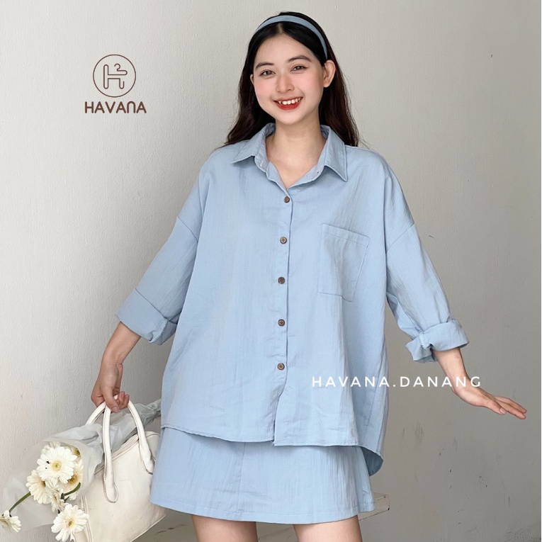 Set sơ mi chân váy, chất đũi xước mềm và mát, chân váy có chun kèm lót quần AE15