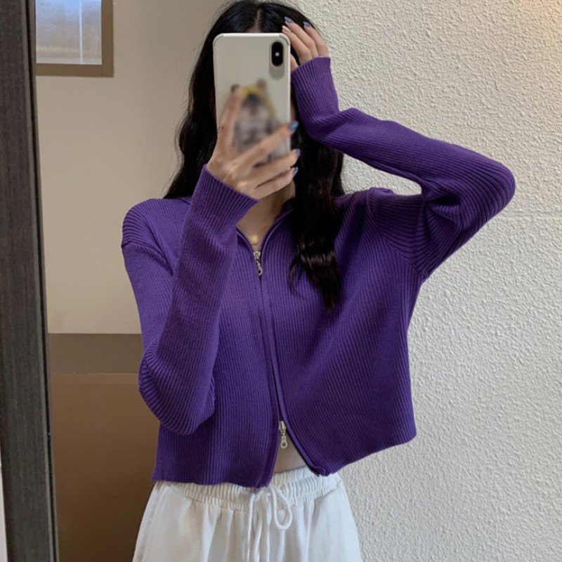 Áo Khoác Cardigan Dệt Kim Tay Dài Màu Trơn Phối Khóa Kéo Cá Tính Cho Nữ