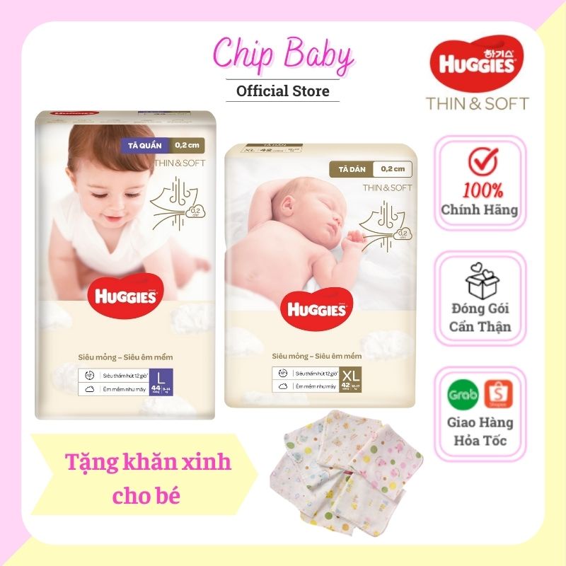 (Tặng Khăn Xô) Tã Dán/Quần Hàn Quốc Huggies Thin &amp; Soft Siêu Mỏng size M54/L46/XL42/L44/XL36/XXL28