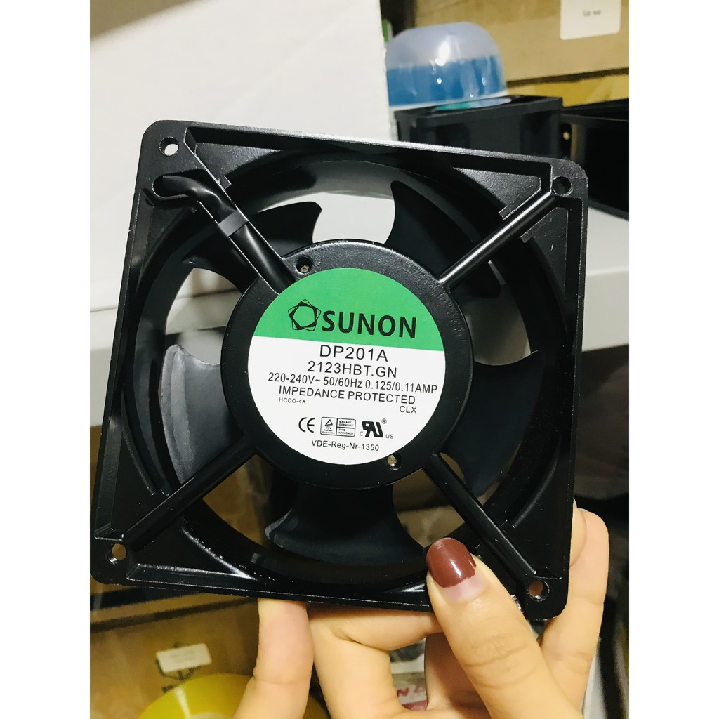 QUẠT 12 cm SUNON DP201A / 2123HBT.GN. 220v 0.125A 24W . Khung Kim loại. GIÓ ÊM VÀ TỐT chuyên dùng