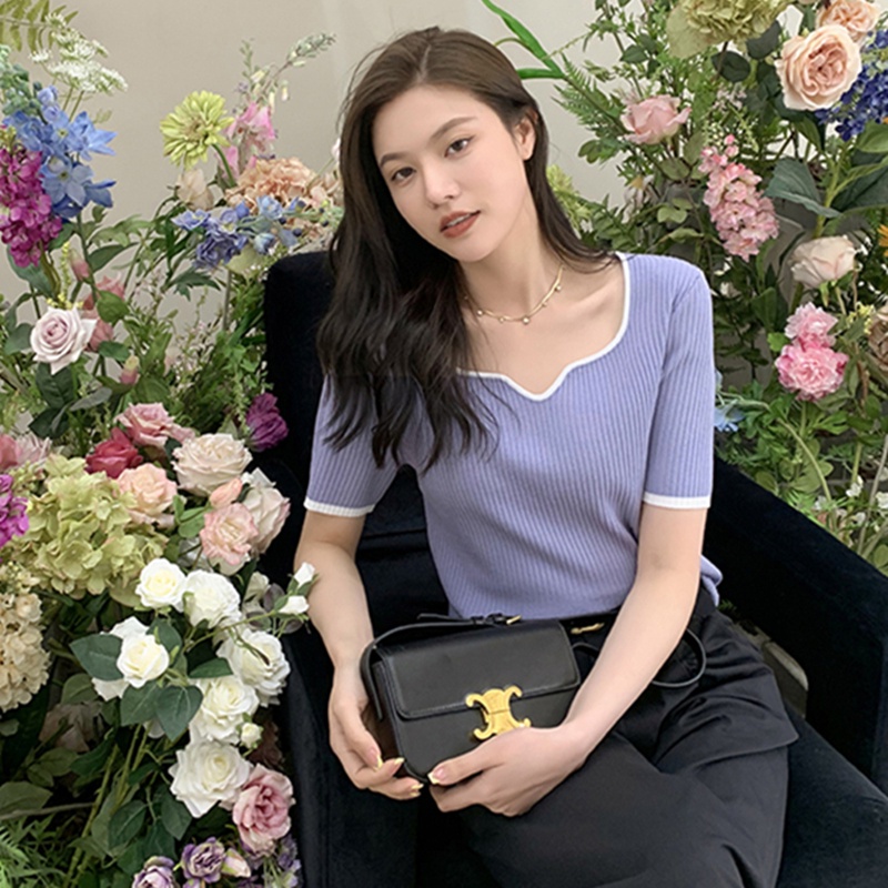 SUXI Áo Dệt Kim Ngắn Tay Màu Sắc Đơn Giản Phong Cách Vintage Dễ Phối Đồ Thời Trang Mùa Hè Cho Nữ