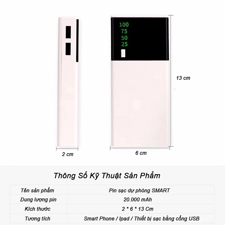 [HOT SALE] Pin Sạc Dự Phòng SMART 20000 mAh 2 cổng sạc USB tích hợp đèn LED