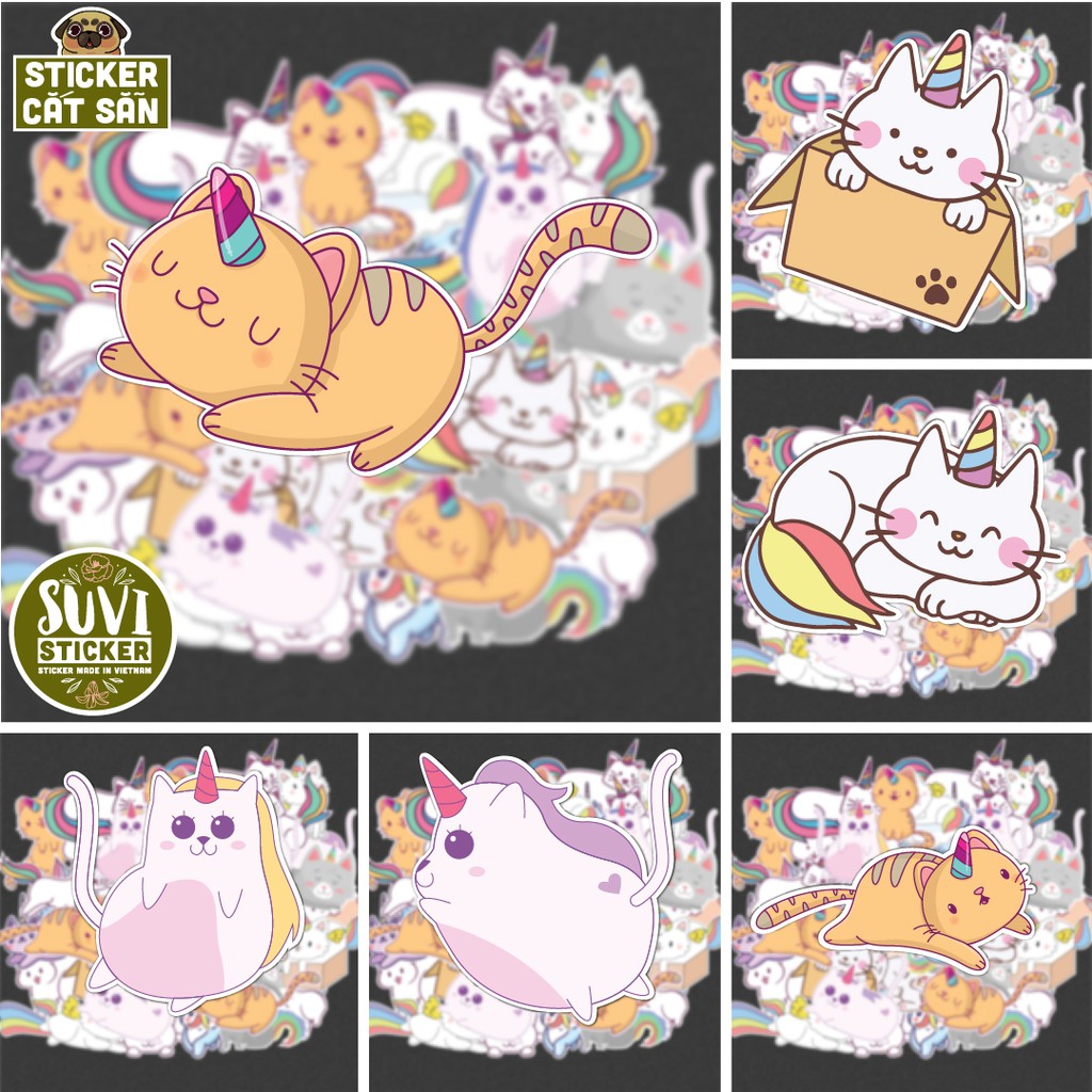 50 Sticker Mèo Unicorn chống nước sticker dán laptop, điện thoại, đàn guitar, mũ bảo hiểm, vali.  MSP: A17