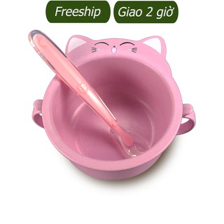 Bát ăn dặm lúa mạch cho bé - chén lúa mạch cho bé ăn dặm - hình mèo đáng yêu - tặng muỗng ăn dặm