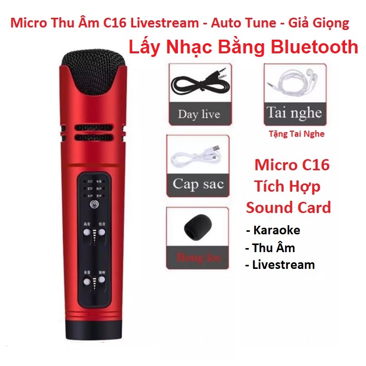 Bộ Micro C16 Bluetooth, Giá Đỡ Đèn 3in1, Tặng Tai Nghe - Combo Mic C16 Livestream Hát Karaoke Giả Giọng Cực - New 2022