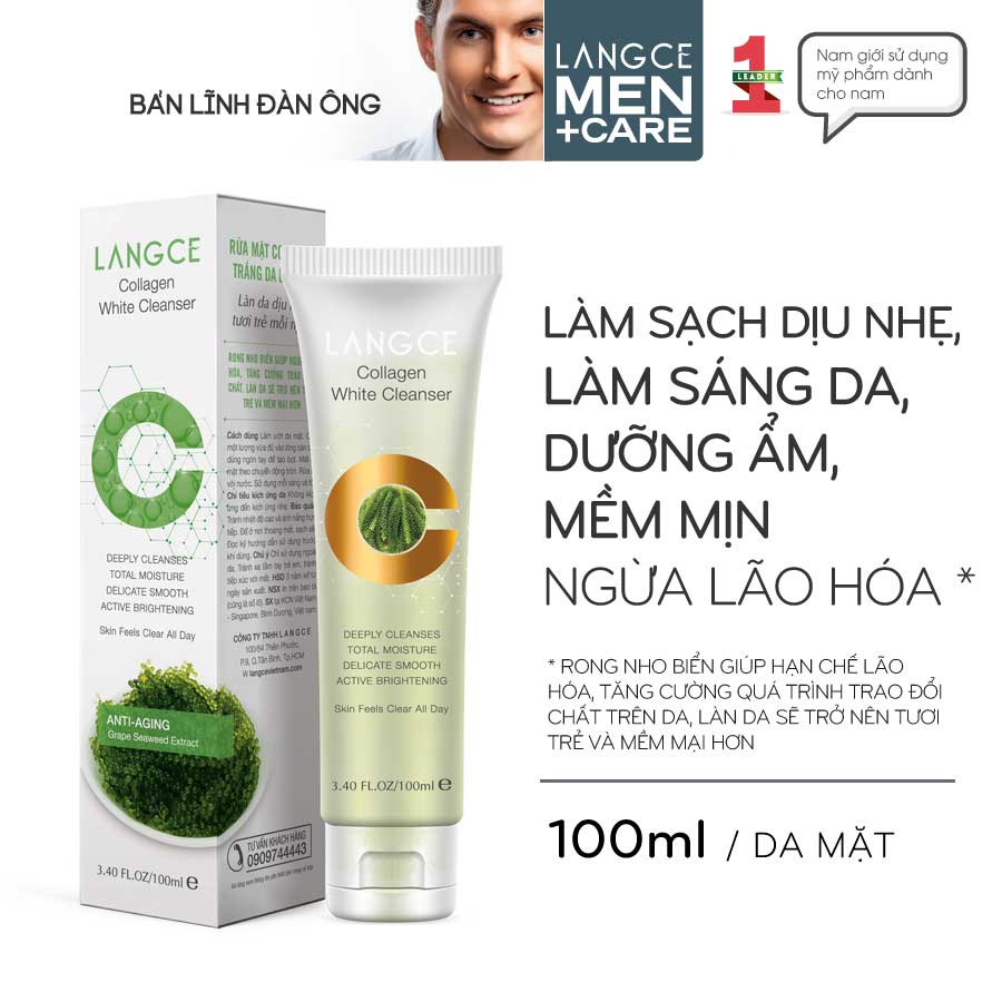 RỬA MẶT COLLAGEN TRẮNG DA GIỮ ẨM RONG NHO DẠNG GEL 100ml LANGCE DÀNH CHO NAM