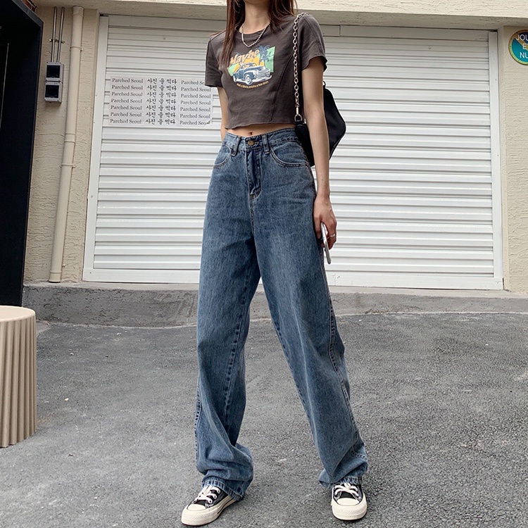 Quần jeans eo cao ống rộng thời trang Hàn Quốc trẻ trung cá tính
