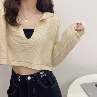 [Có sẵn+ảnh thật] Áo len gân croptop cổ V mẫu thu đông 2020