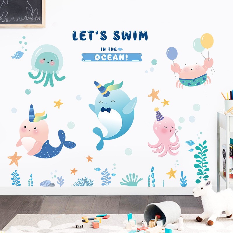 Decal trang trí phòng tắm cho bé LET'S SWIM kích thước 110x85cm