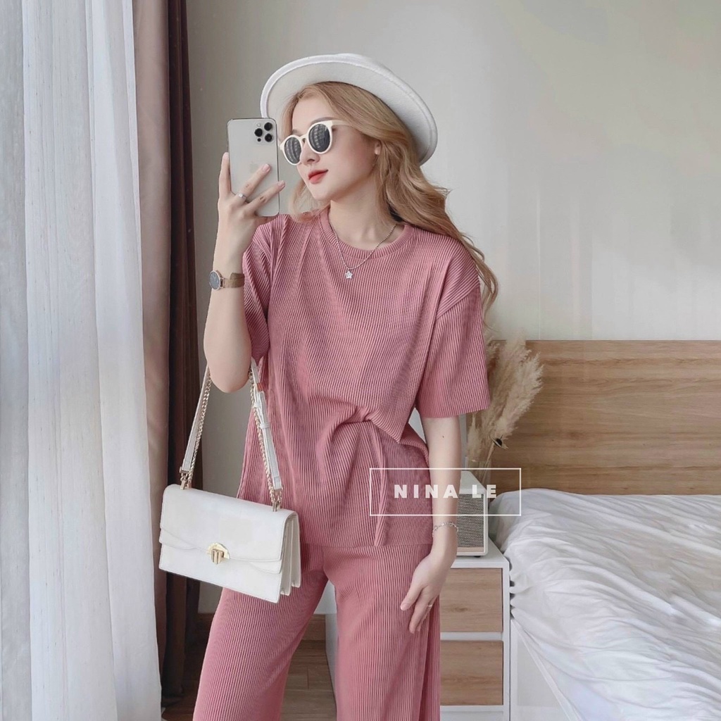 Đồ bộ mặc nhà nữ , Set bộ quần dài nữ áo tay cộc chất liệu thun gân trơn đơn giản dễ mặc