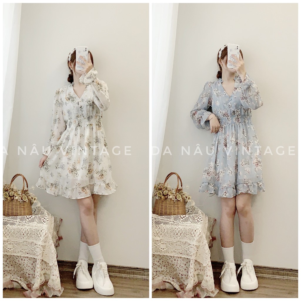 váy, đầm tiểu thư nhẹ nhàng vải voan tơ hoa nhí cúc bọc 2 màu trắng, xanh (cam kết ảnh shop chụp thật 100%)