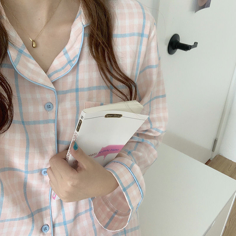 Bộ đồ ngủ dài họa tiết caro xinh xắn phong cách Hàn Quốc cho nữ | BigBuy360 - bigbuy360.vn
