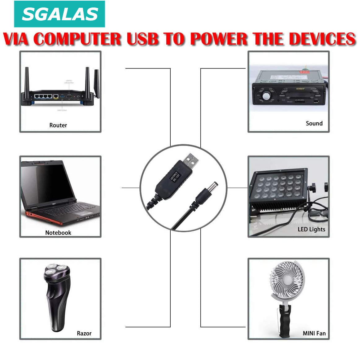 Dây Cáp SGALAS Chuyển Đổi Đầu Cắm USB 5V Sang 12V Pin Dự Phòng